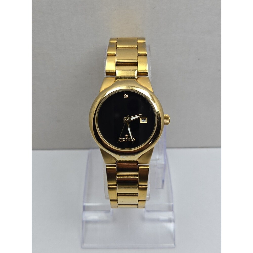 Croton Womens Gold Tone Black Dial Diamond Date Quartz Watch New Battery - Read